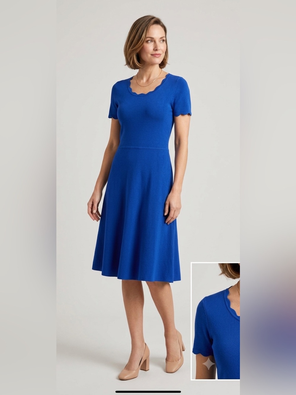 Talbots Dress PM Petite Medium Blue Cotton Short Sleeve Washable Scalloped